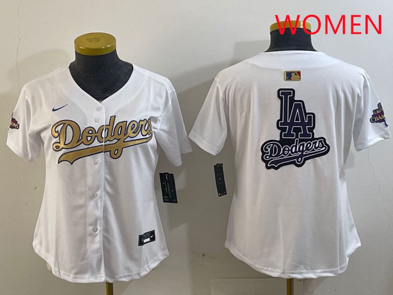 Women Los Angeles Dodgers Blank White Champion gold character 2025 Nike MLB Jersey style 19->women mlb jersey->Women Jersey